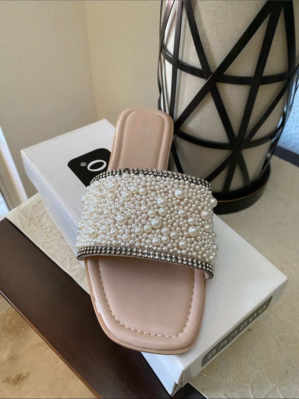 Embellished Pearl Slide Sandal in beige